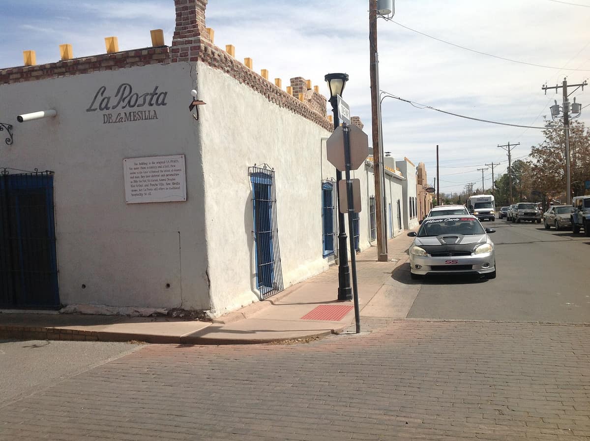 Cobblestone streets in front of the historic La Posta De La Mesilla Restaurant in Mesilla, NM
